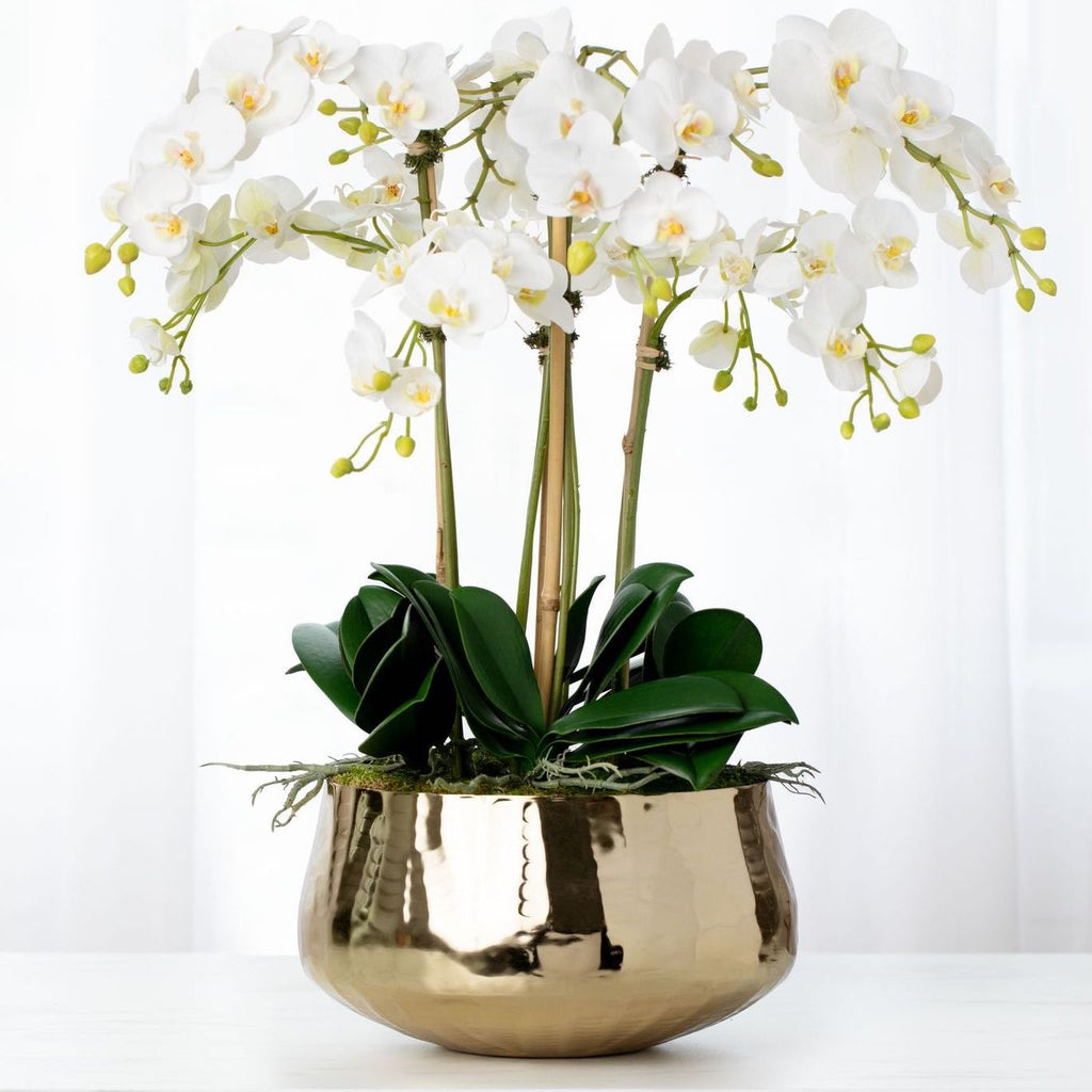 Faux orchid arrangement with white orchids in gold pot - 26"