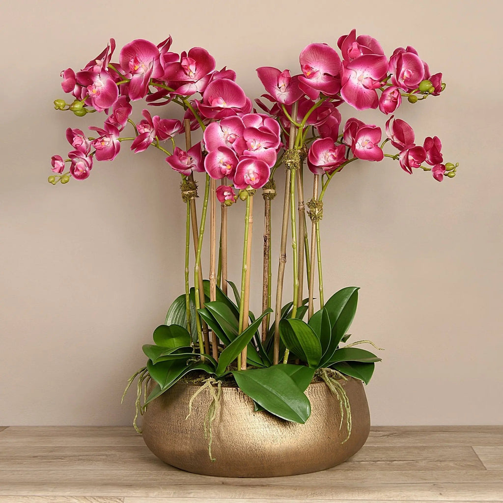 Faux floral arrangement - pink orchid centerpiece in gold pot - 28"