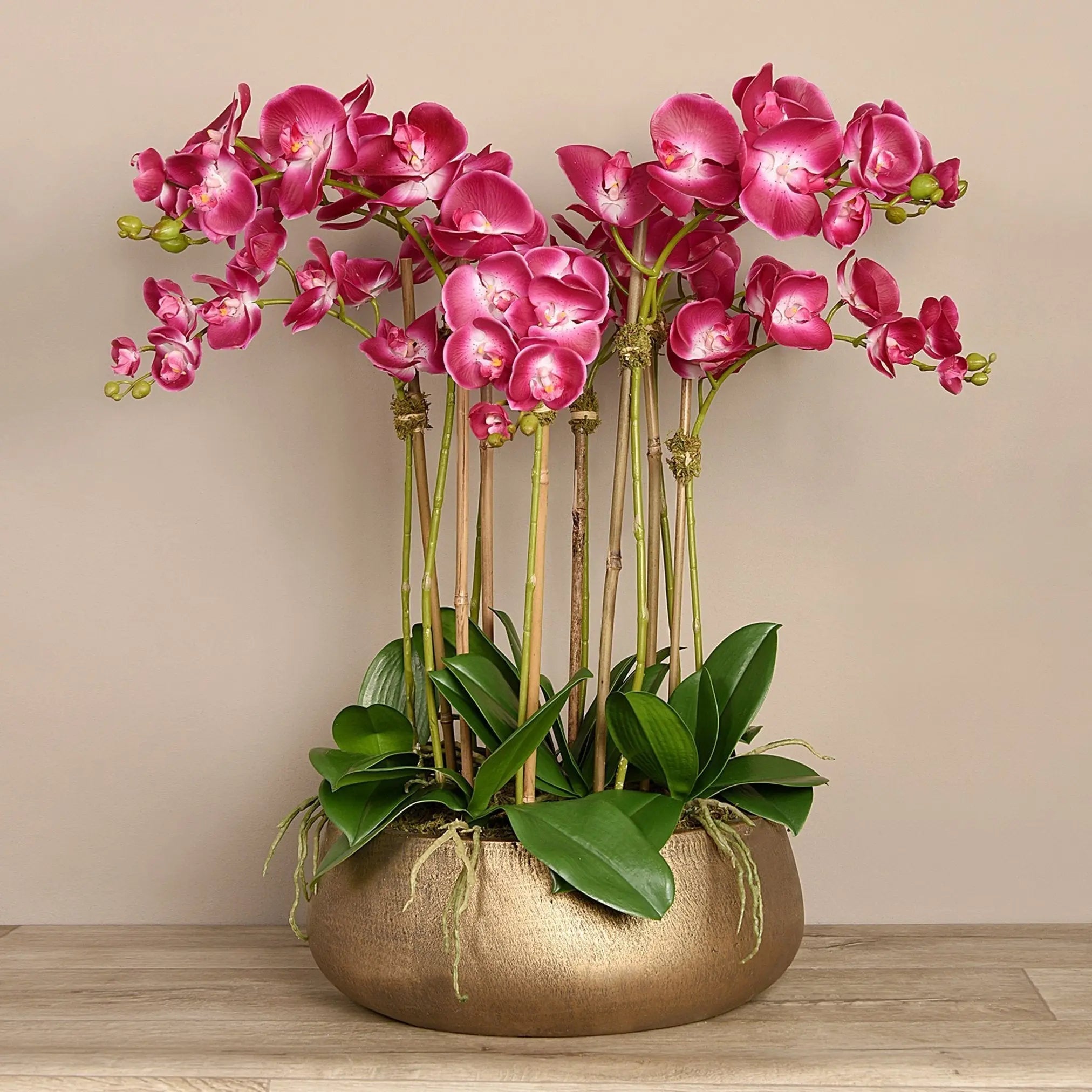 Faux floral arrangement - pink orchid centerpiece in gold pot - 28"