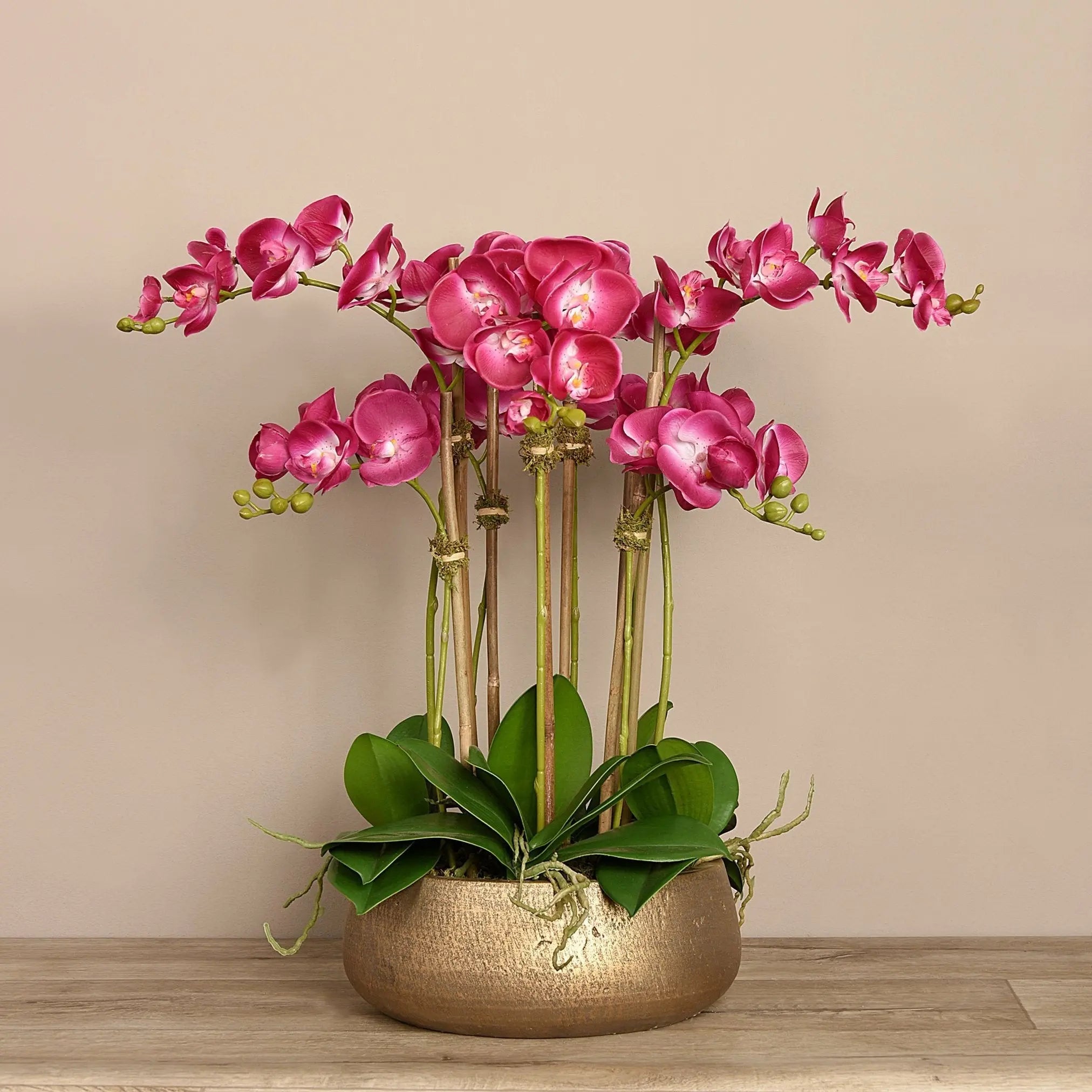 Faux floral arrangement - pink orchid centerpiece in gold pot - 28"