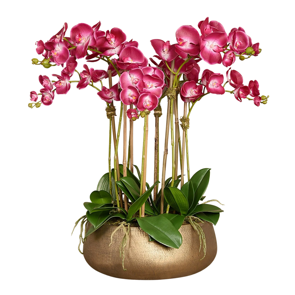 Faux floral arrangement - pink orchid centerpiece in gold pot - 28"