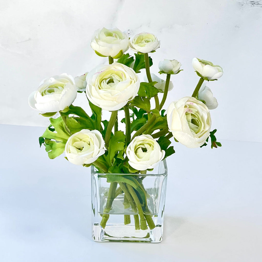 Silk Ranunculus Flowers in Glass Vase - 8"