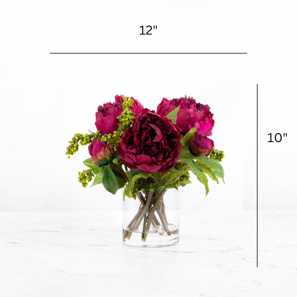 Real touch peony arrangement in glass vase - 10"