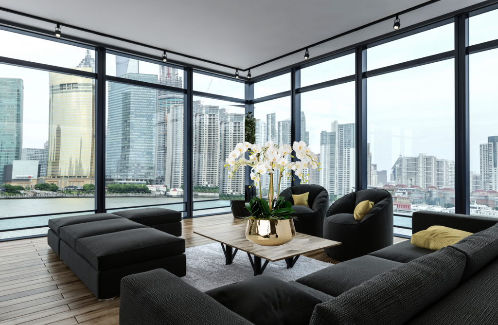 Faux orchid arrangement with white orchids in gold pot - 26"