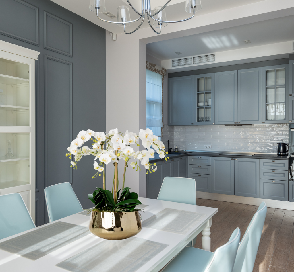 Faux orchid arrangement with white orchids in gold pot - 26"