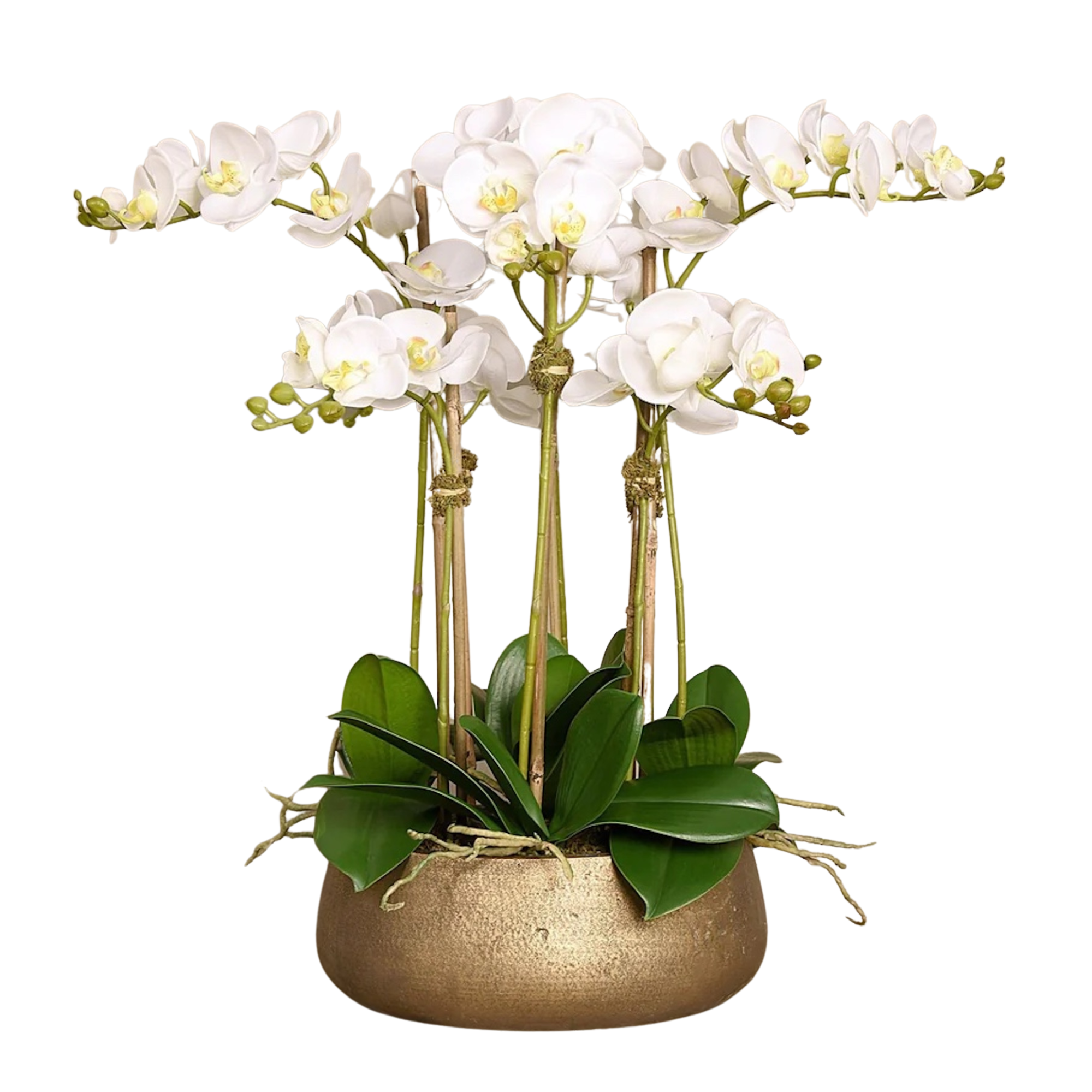 Faux white orchid arrangement in matte gold planter