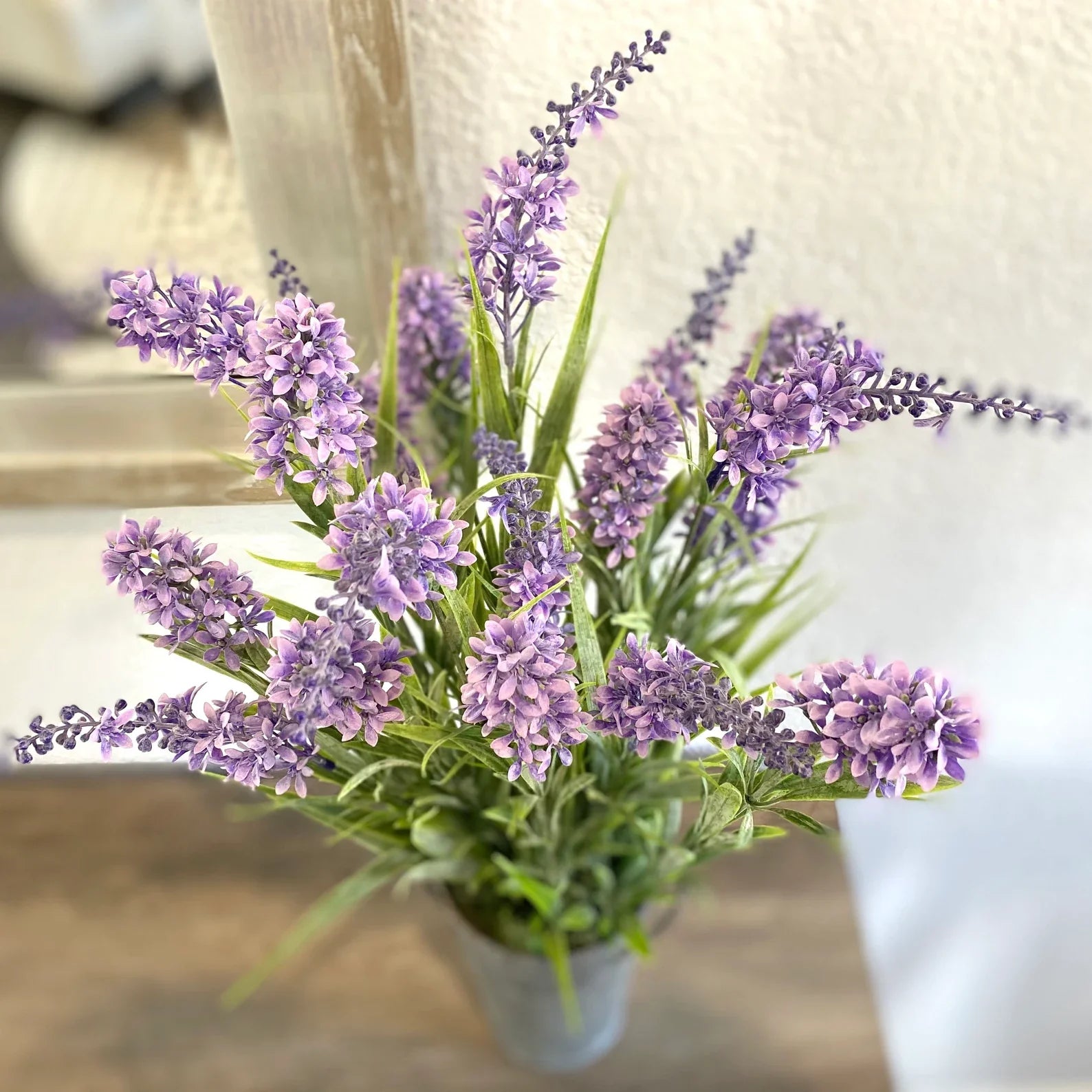 Silk lilac flower arrangement in french pail - 20"
