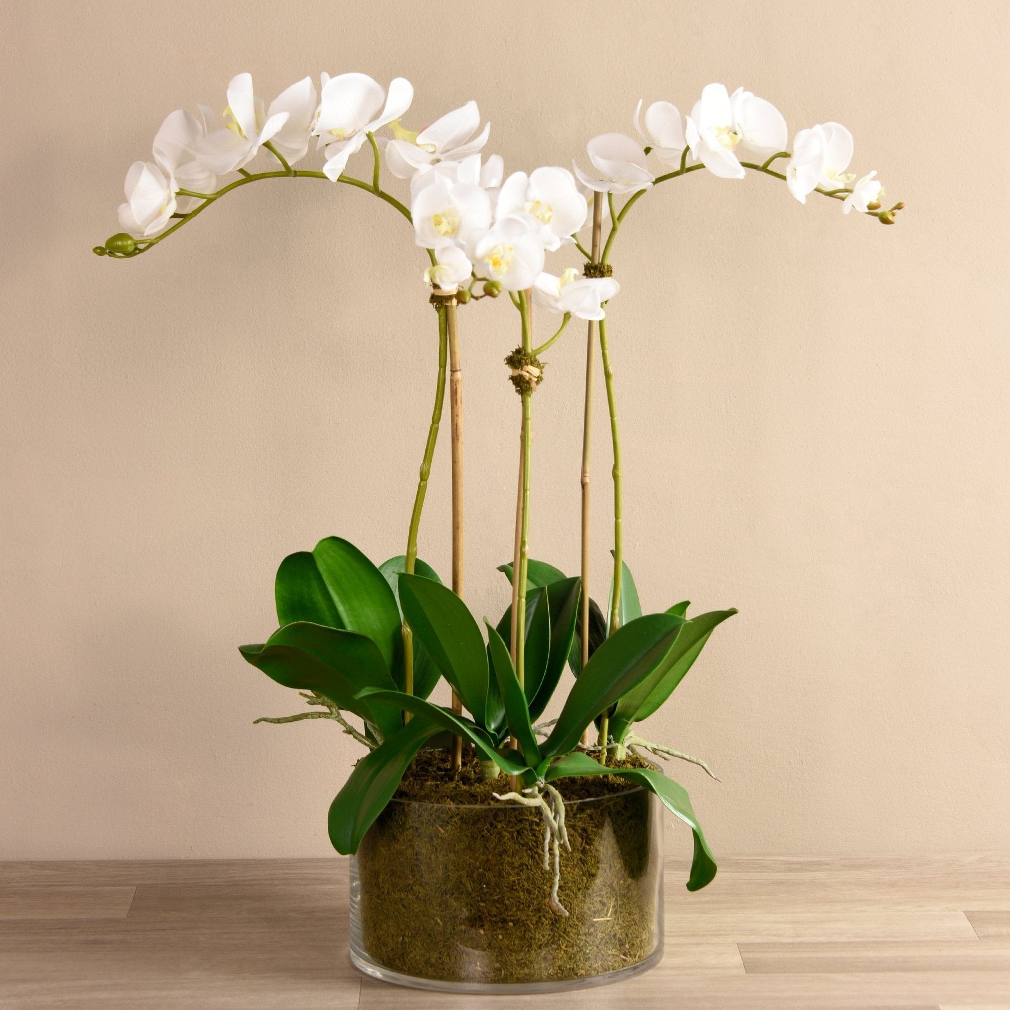 Large faux white orchid arrangement in glass vase
