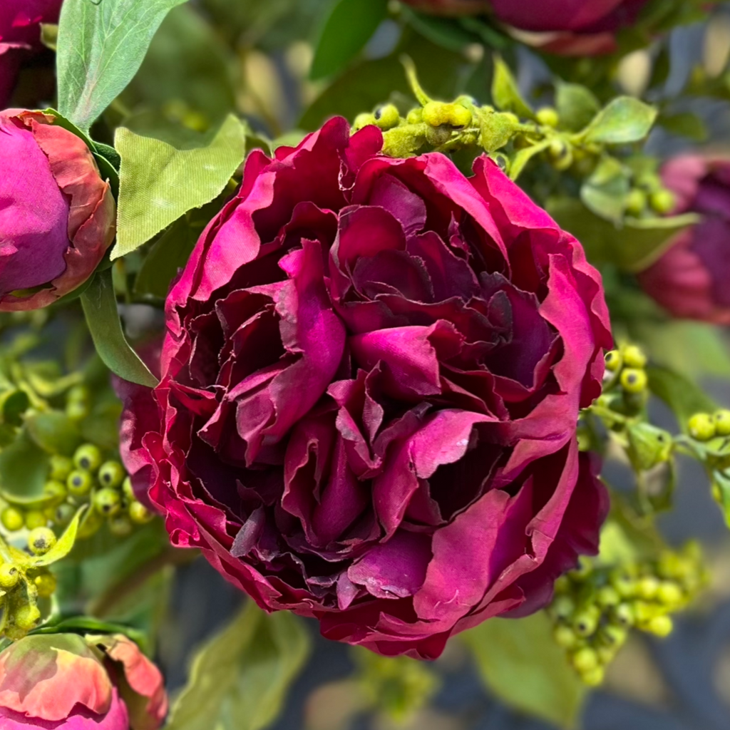Real touch peony arrangement in glass vase - 10"