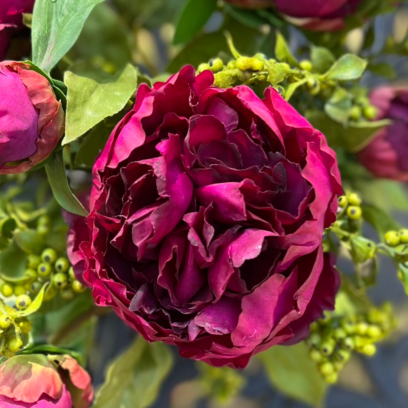 Real touch peony arrangement in glass vase - 10"