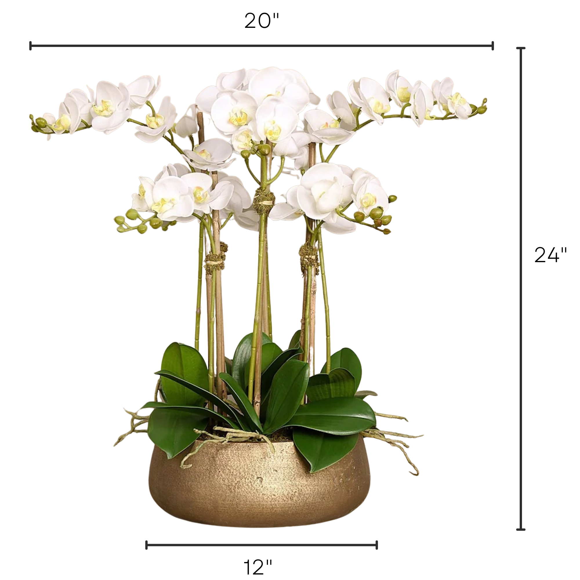 Faux white orchid arrangement in matte gold planter