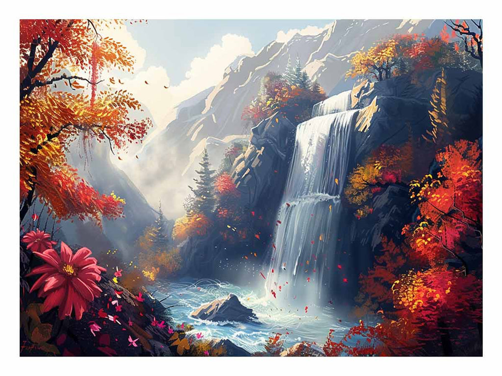 Autumn Waterfall Canvas Painting